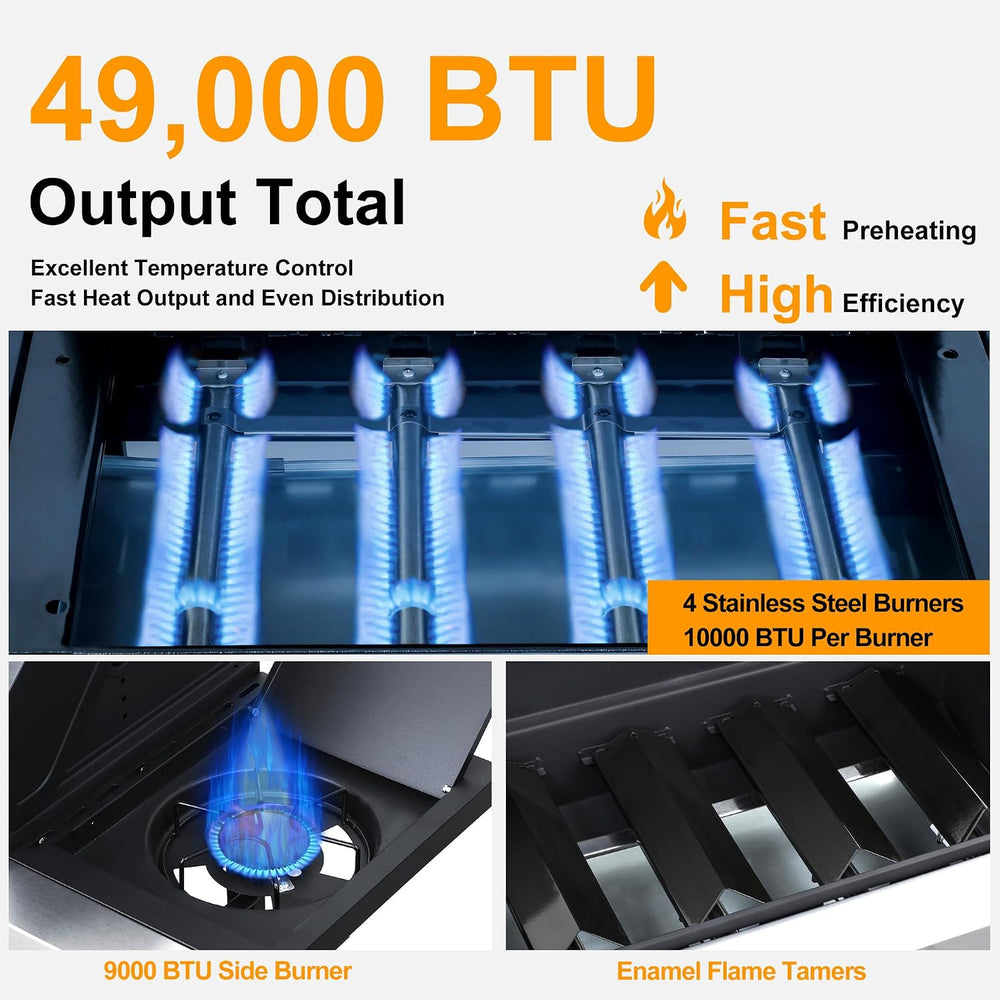 49000 BTU Propane Gas Grill, 4 Burner + Side Burner, Cast Iron Grids