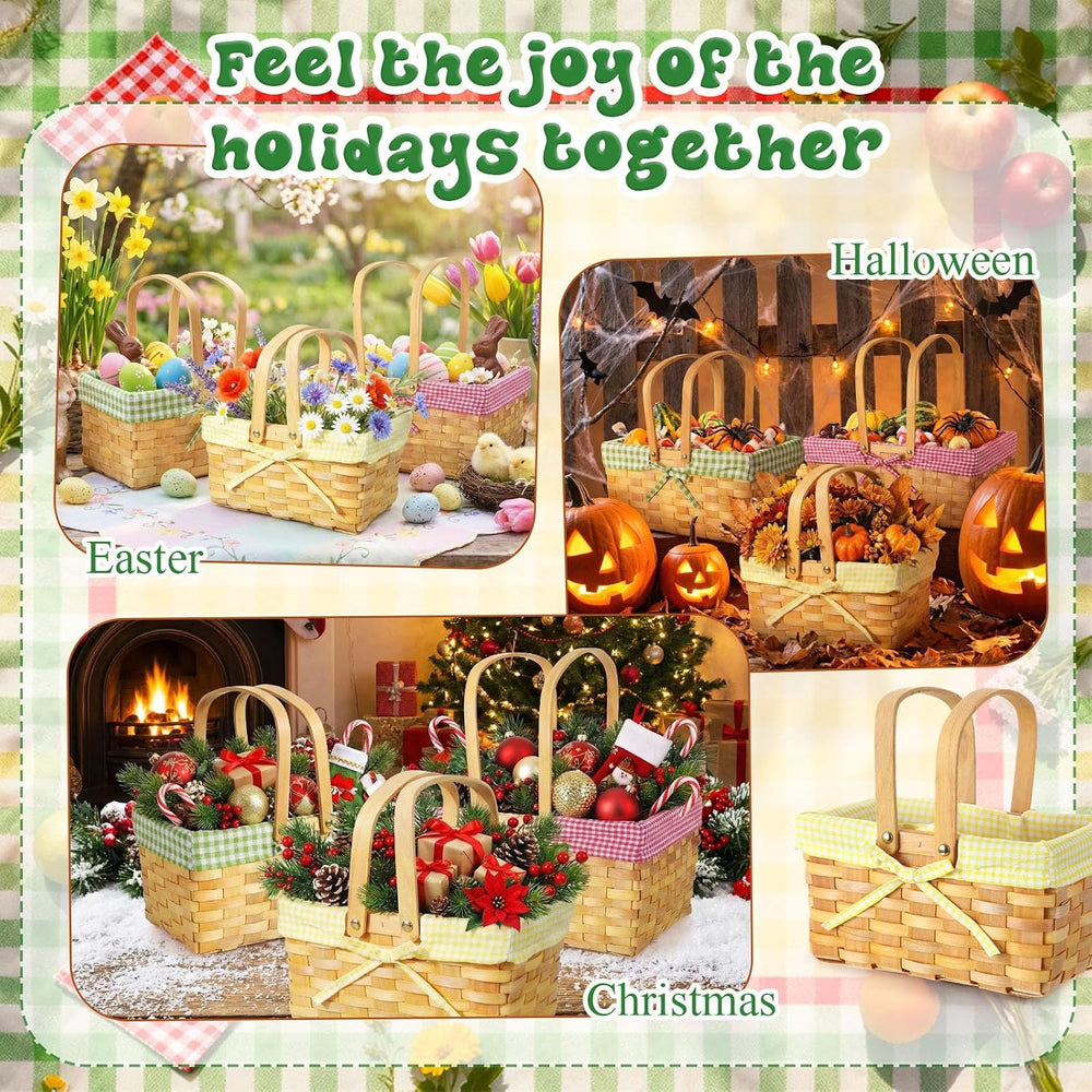 3 Pcs Different Sizes Picnic Basket with Handles Spring Plaid Gingham Checker...