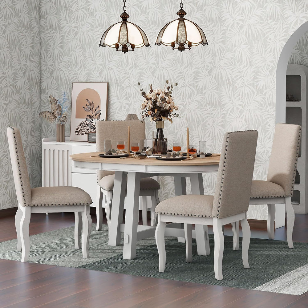 Merax Farmhouse Dining Table Set - 5-Piece Wood Round Extendable Table and 4 ...