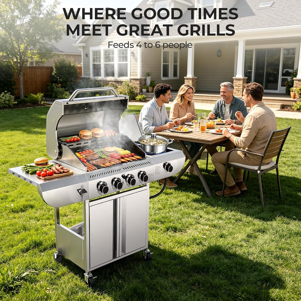 Kismile 4-Burner Propane Gas Grill with Side Burner, Stainless Steel 42,000 B...
