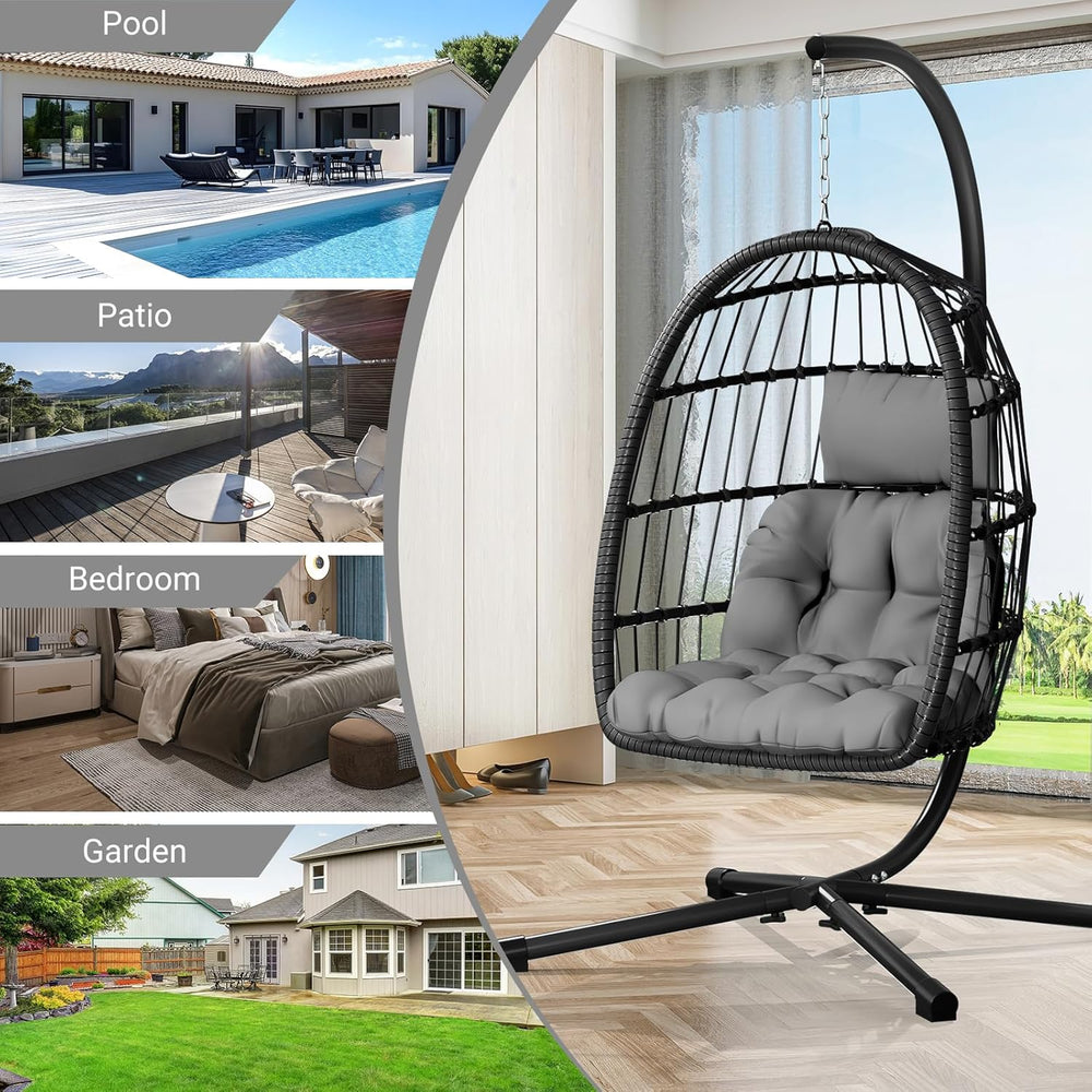 CHABATREE Egg Chair with Stand,Patio Rattan Wicker Hanging Swing Egg Chair Ha...