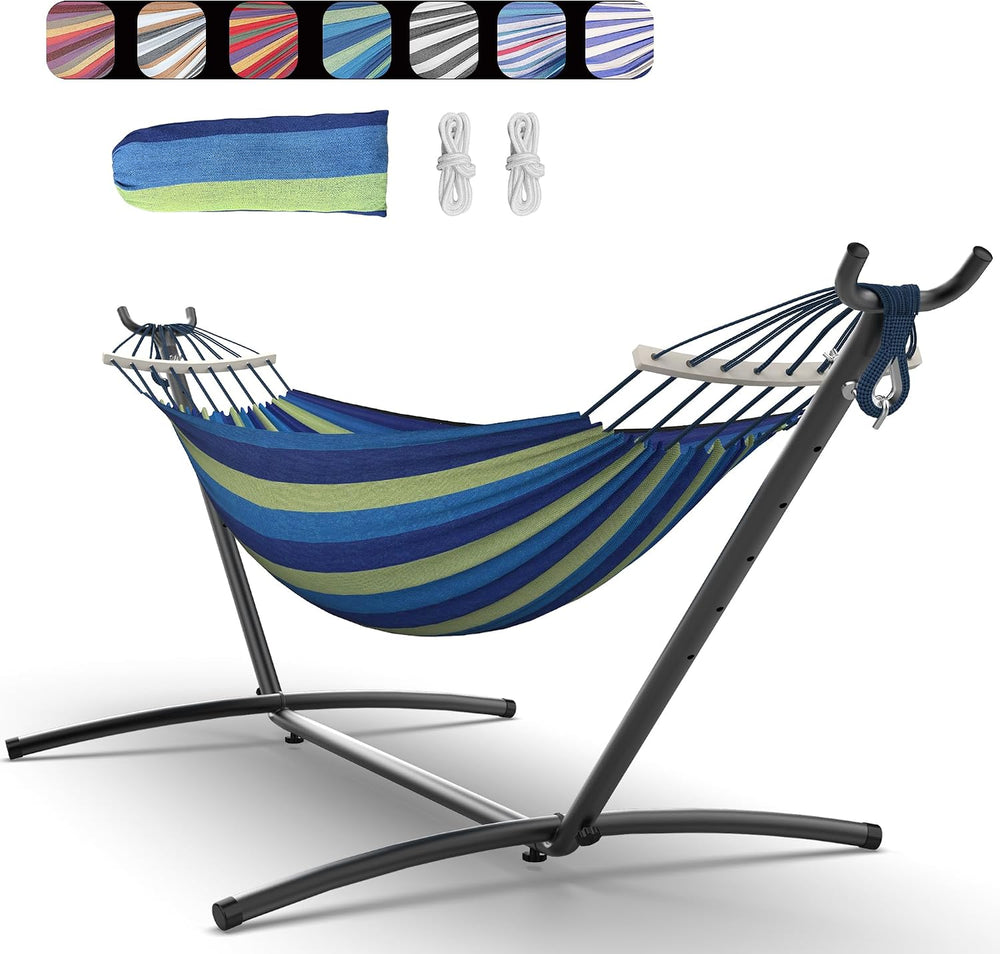 Everyfun Double Hammock with Stand for 2 Person, 600 lb Capacity, Wide Blue