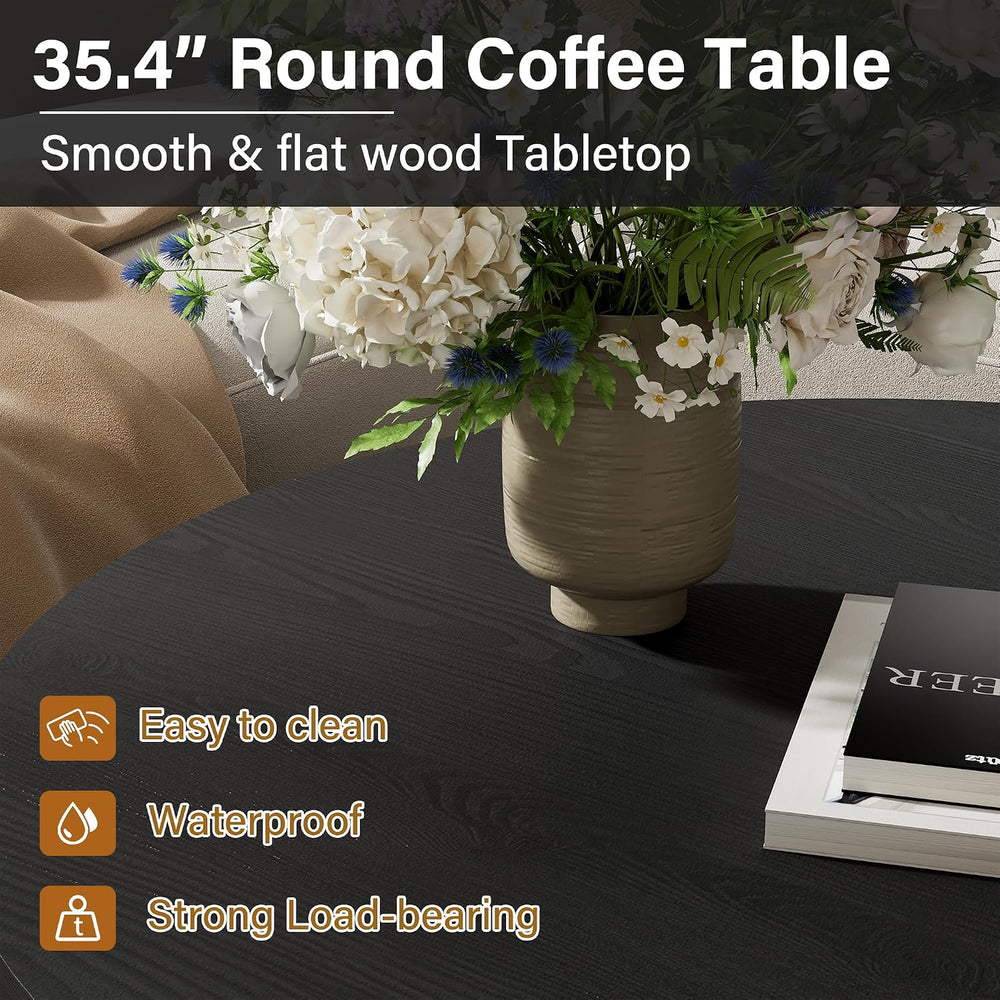 Furniway Round Coffee Table, 35.4" Circle Wide Coffee Table, Wood Table ...