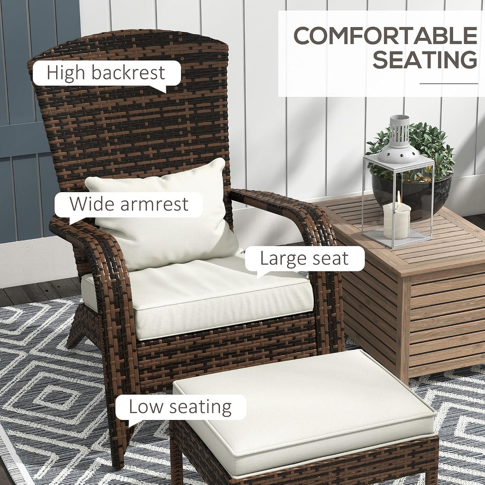 Outsunny Patio Wicker Adirondack Chair with Ottoman High-Back Cream White
