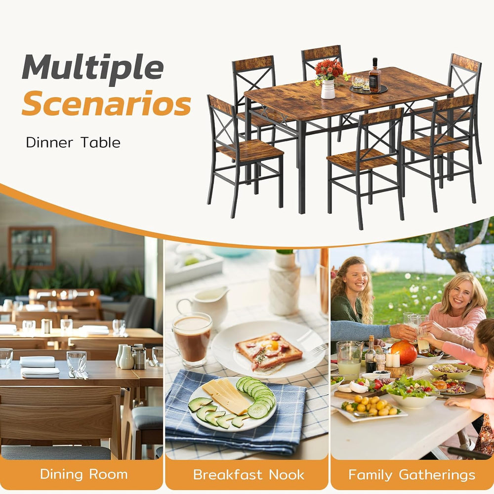 Zevemomo 7-Piece Dining Table Set, Kitchen Table Chairs Set of 6, Brown