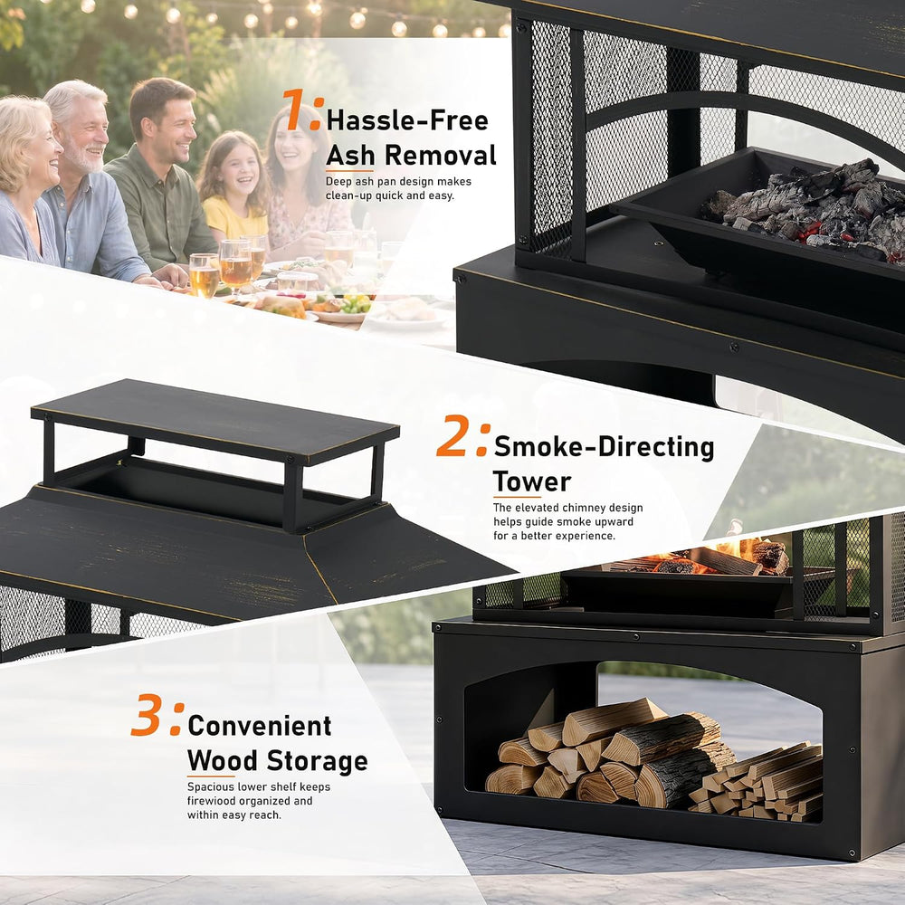 Aoxun 36" Outdoor Fire Pit with Wood Storage, Steel Wood Burning Firepla...