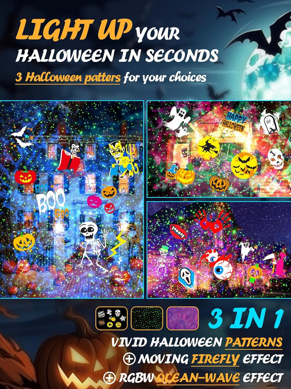 Halloween Projector Outdoor w/ 160 Patterns,10 Ocean Wave Lights,Green Dots