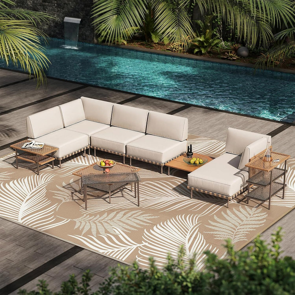 Pauwer Waterproof Outdoor Rug 8x10, Plastic Straw Patio Rug, Leaf Brown