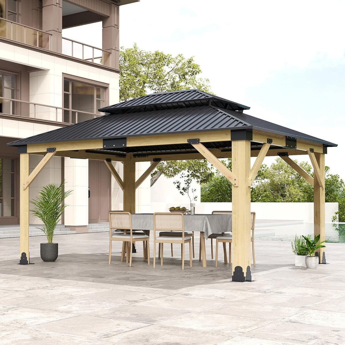 13x15ft wood gazebo,outdoor wooden gazebo with glavanized steel shown in use
