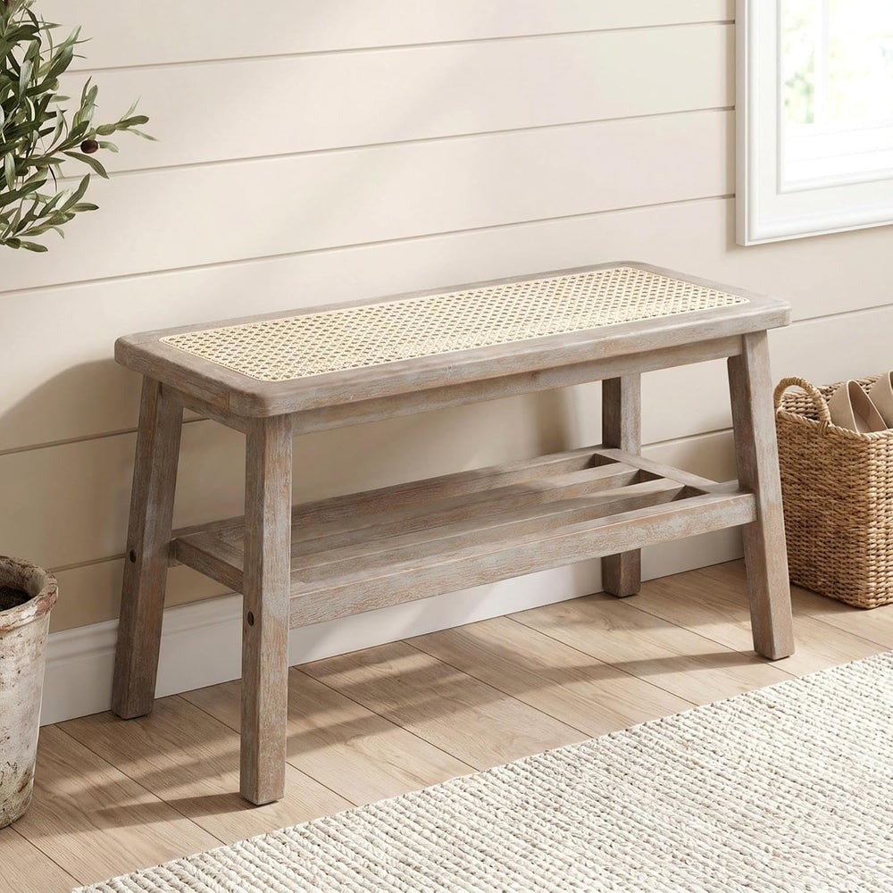 ROCITY 30 Inch Rattan Bench Wooden Entryway Bench with Shoe Rack