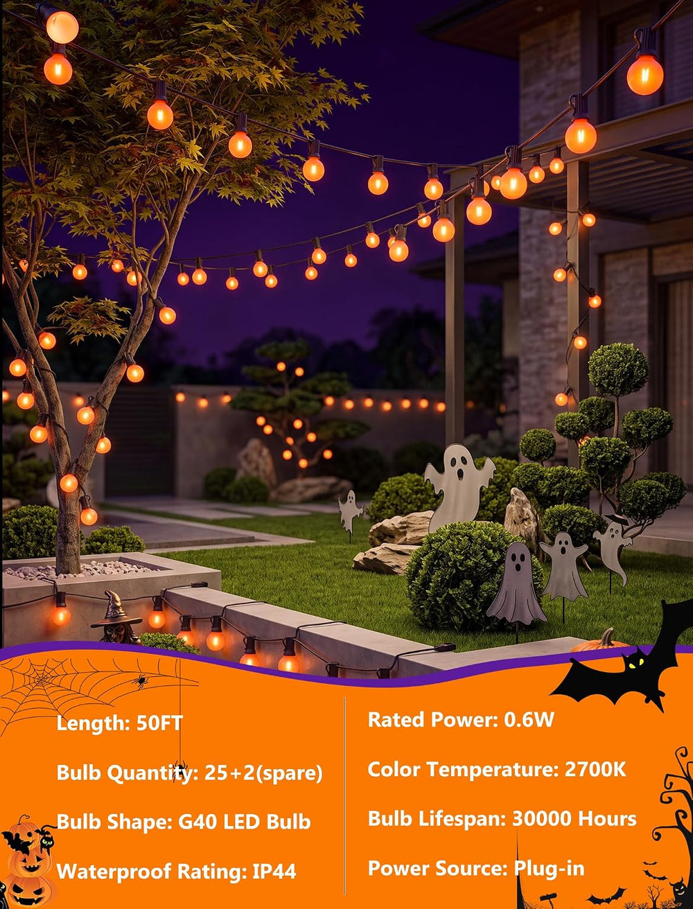 50FT Halloween Orange G40 LED Outdoor String Lights Plug in, 25 Globe Bulbs
