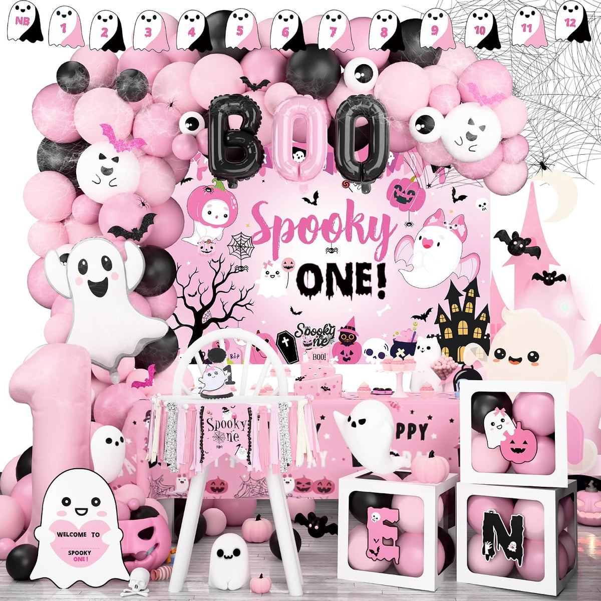 Halloween 1st Birthday Party Decorations,Spooky One Birthday Supplies Decor (Pink)