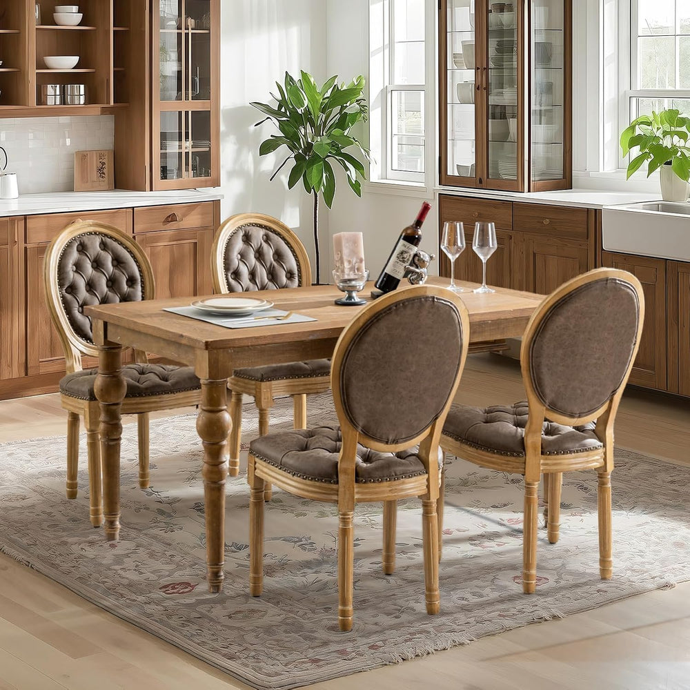 French Country Dining Chairs Set of 4,Upholstered PU Leather Chairs with Roun...