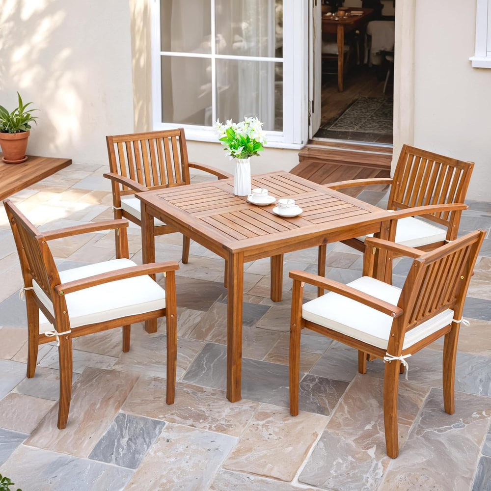 Flamaker 5 Pieces Outdoor Dining Set Acacia Wood Outdoor Table and Chairs