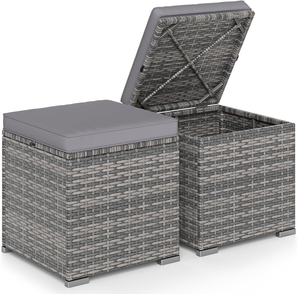 Tangkula 2 Pieces Patio Ottomans, Patiojoy Hand-Woven PE Rattan Side Table wi...