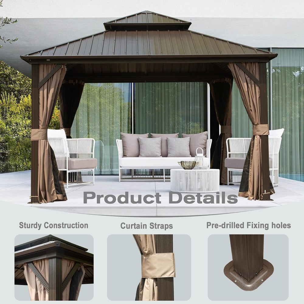Domi 12x12 Outdoor Hardtop Gazebo, Metal Gazebo for Patios, Brown