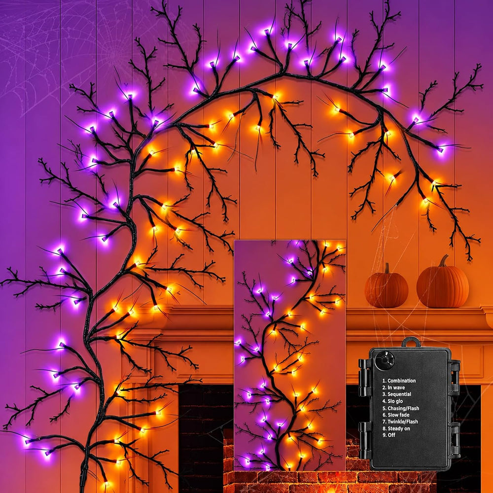 [8 Modes & Timer] 9 Ft 72 LED Halloween Willow Vine Twig Garland with Ora...