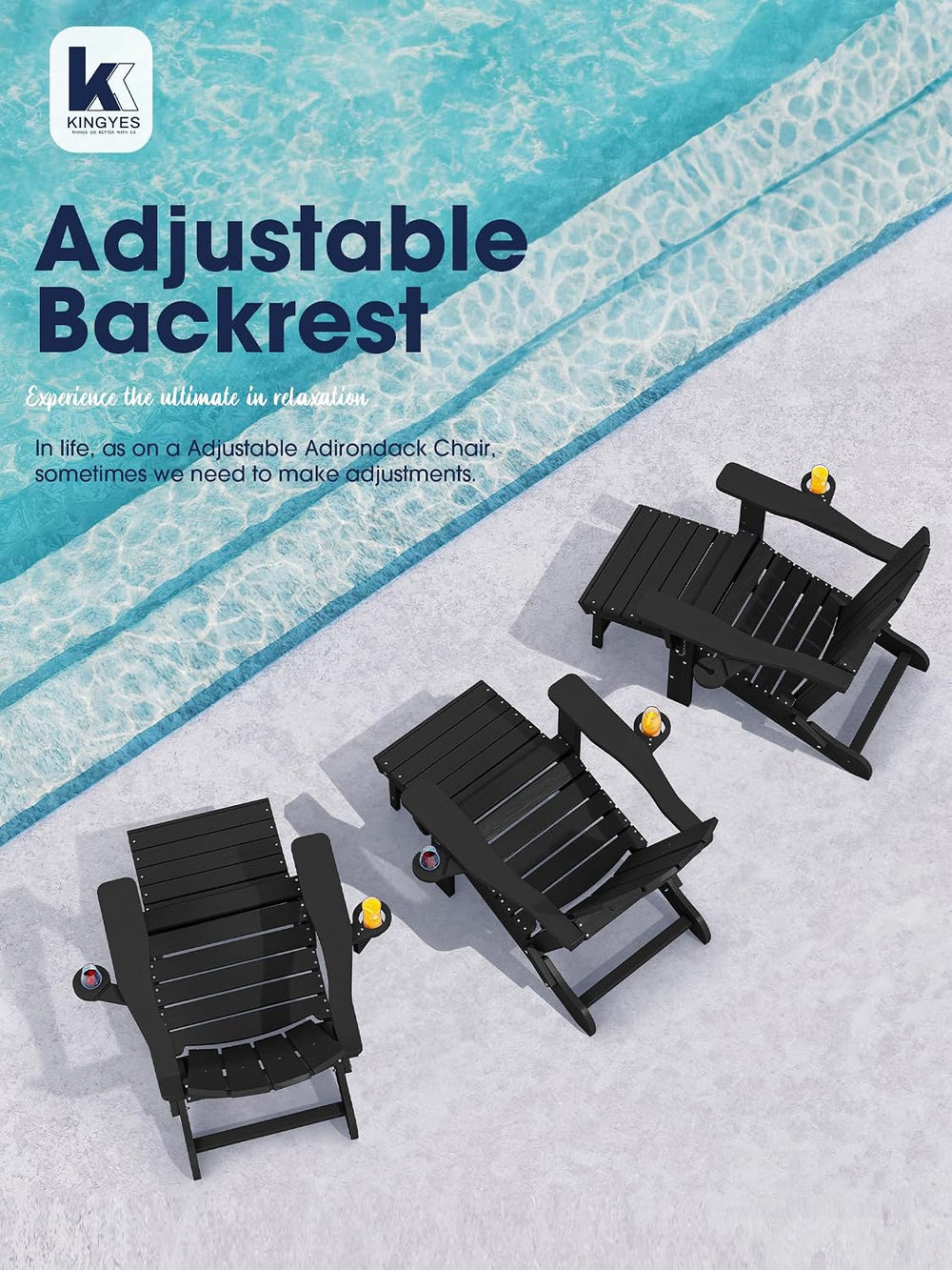 KINGYES Folding Adirondack Chair with Ottoman & Dual Cup Holders, Black