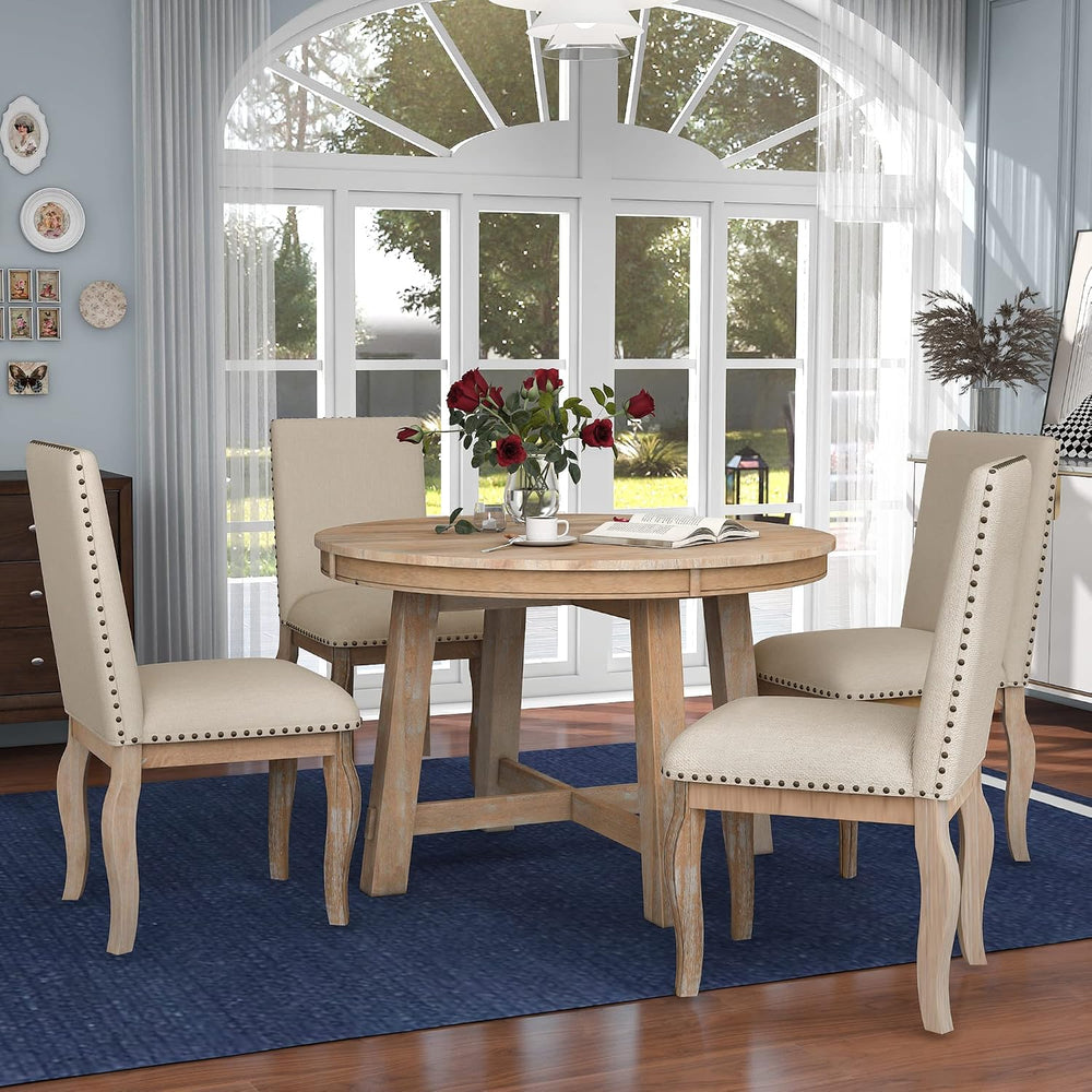 P PURLOVE 5-Piece Round Dining Table Set, Wood Farmhouse Round Extendable Din...