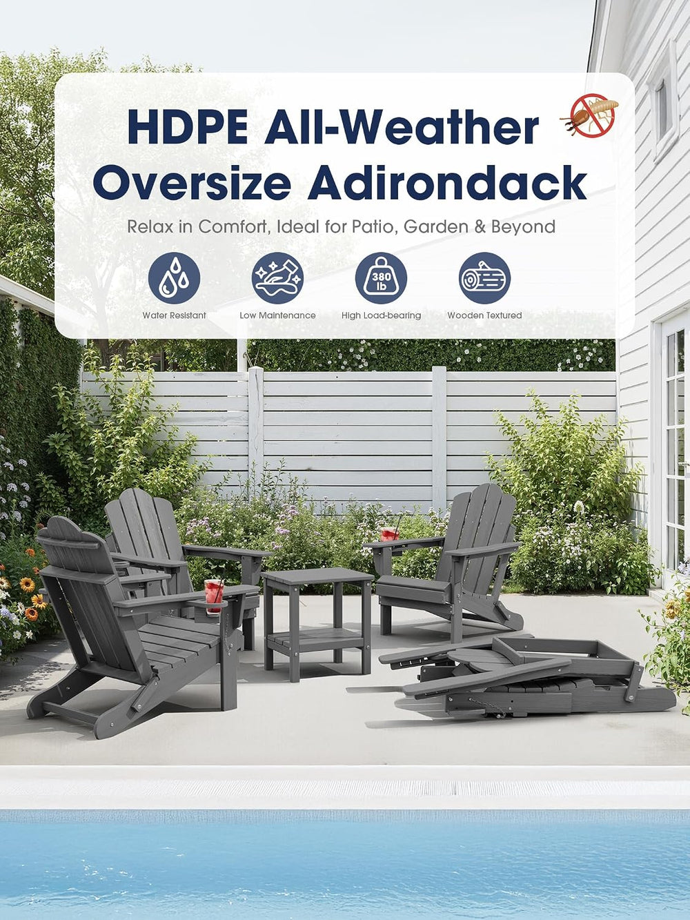 KINGYES Adjustable Adirondack Chair, 3 Position Chair with Cup Holder Gray