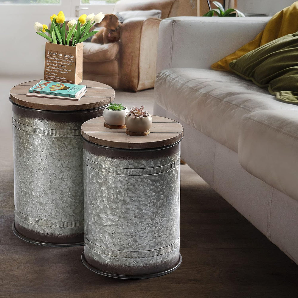 Rustic Storage Ottoman Seat Stool, Farmhouse Accent Side Table, Antique Galva...