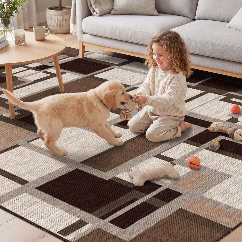 Modern Geometric Area Rug for Living Room, Coffee Brown Washable Rugs 5x7