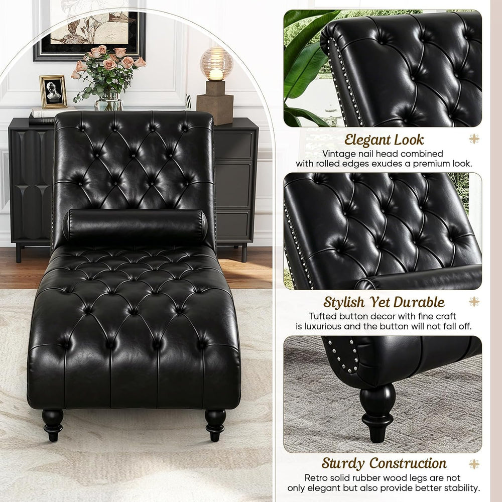 Faux Leather Chaise Lounge Indoor with Toss Pillow, Modern Chaise Lounge Chai...