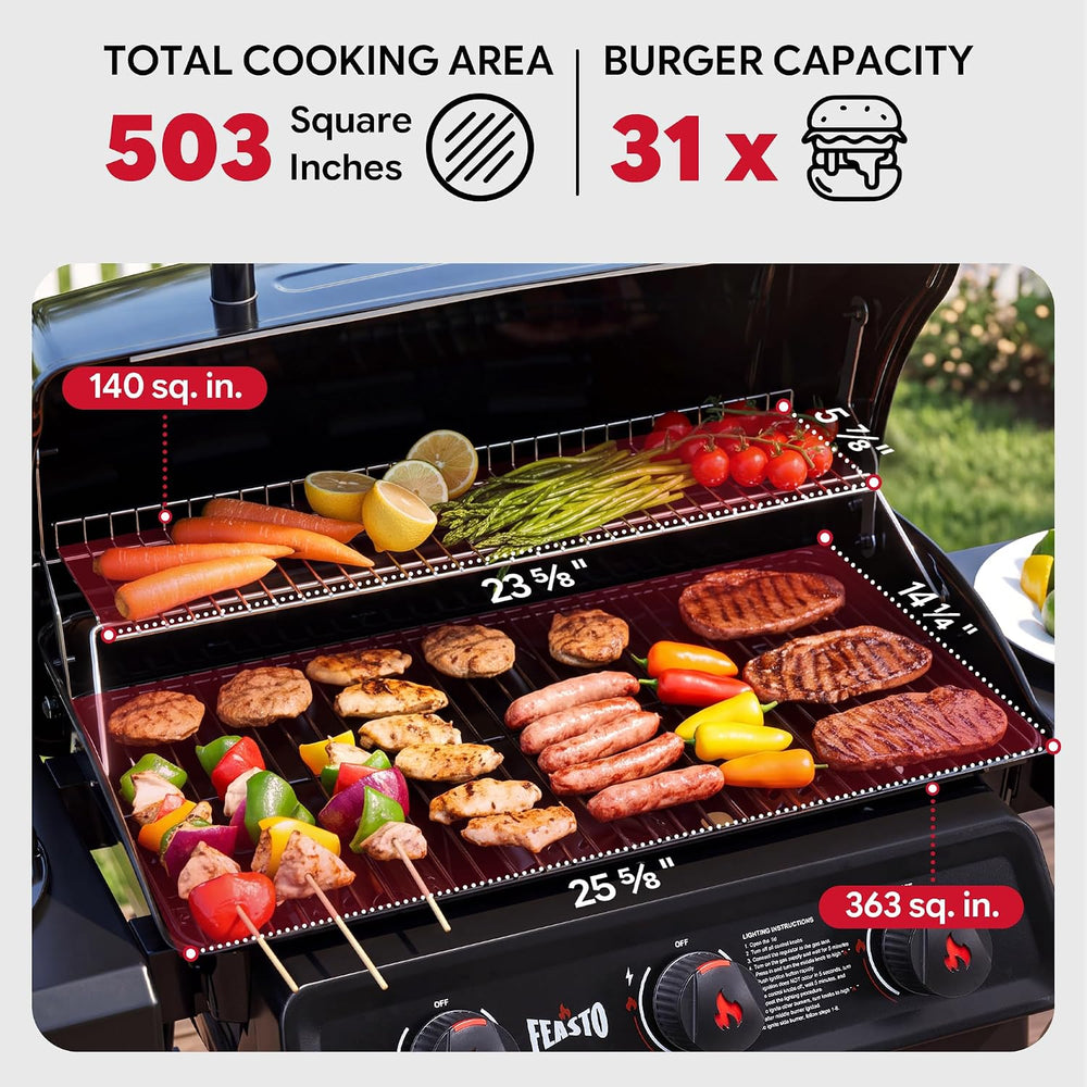 Feasto 3-Burner Propane Gas Grill with Side Burner for Outdoor Cooking