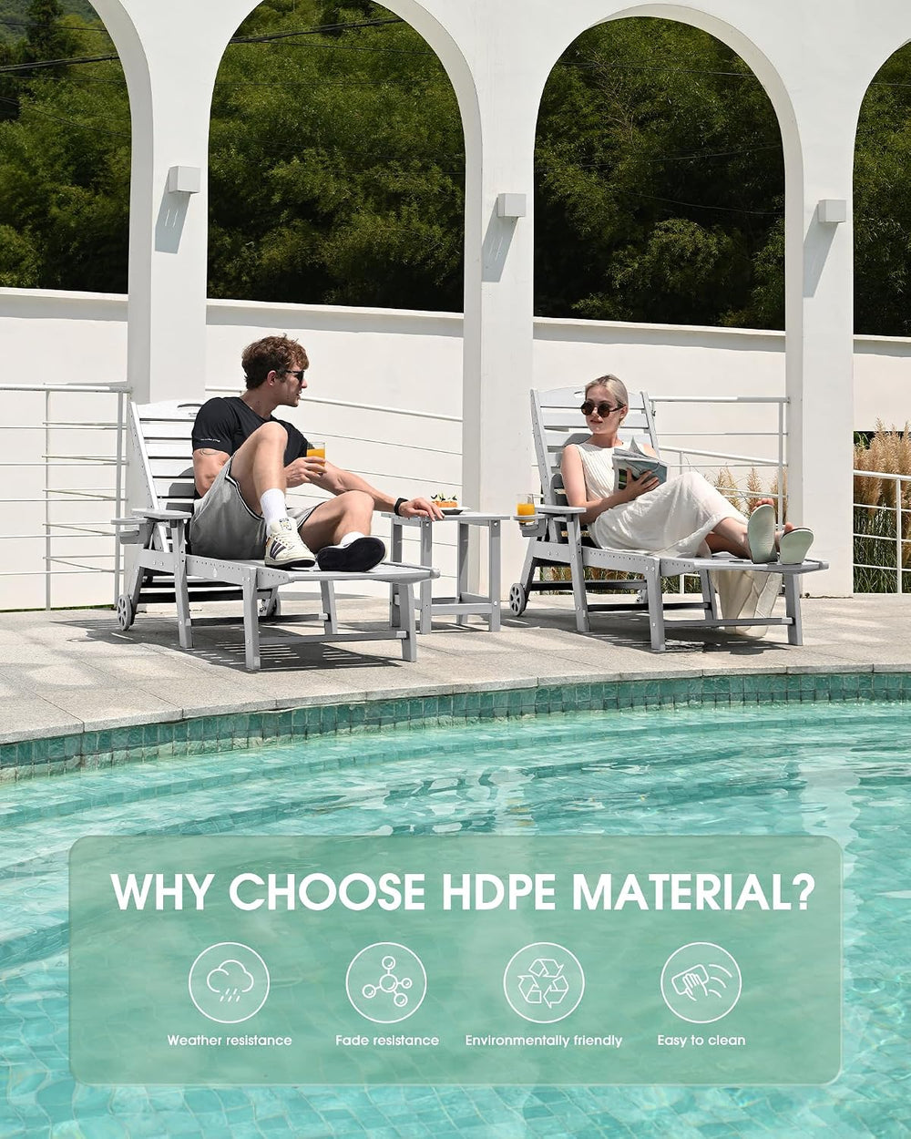 Chaise Lounge Outdoor Set of 2, Lounge Chair Outdoor with Wood Texture, Adjus...