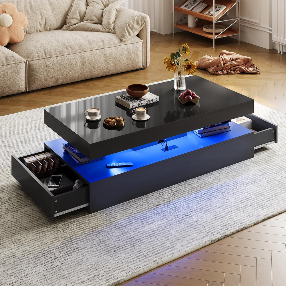 47" High-Glossy LED Coffee Table with 2 Sliding Drawers,Black