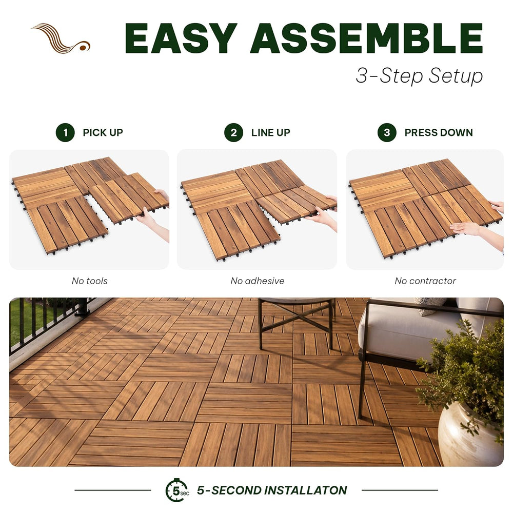 Acacia Interlocking Deck Tiles, 10 PCS Wood Flooring, 6 Slats, Honey Oak