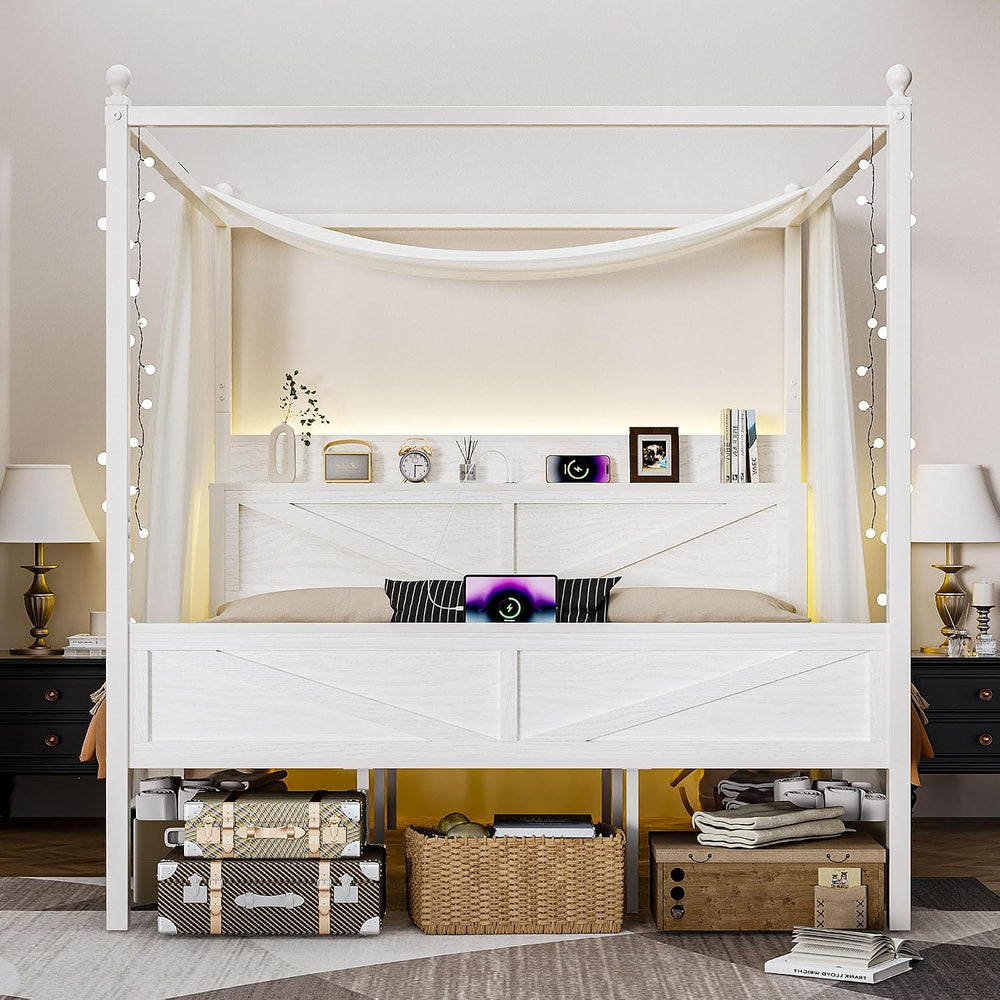 Canopy Bed Frame King Size with Barn Storage Headboard, Beige
