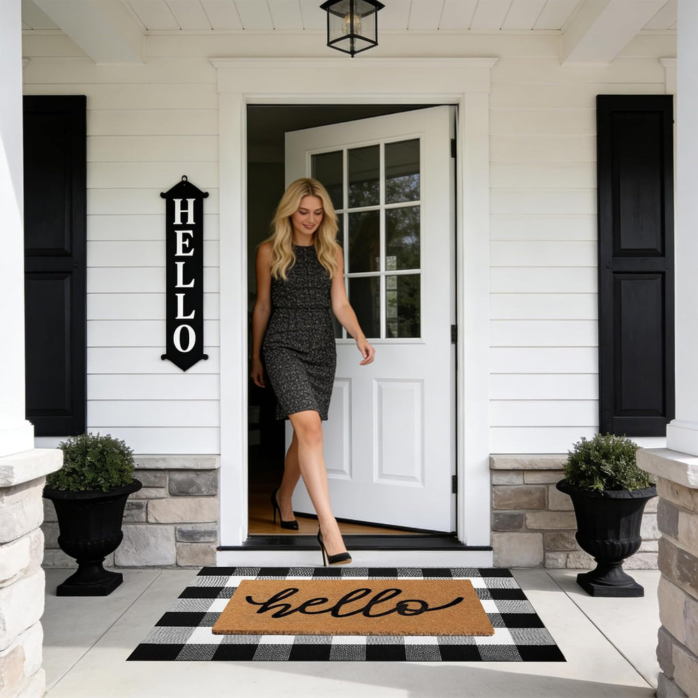2 Pcs Welcome Door Mat Set, Layered Hello Coir Doormat with Black and White B...