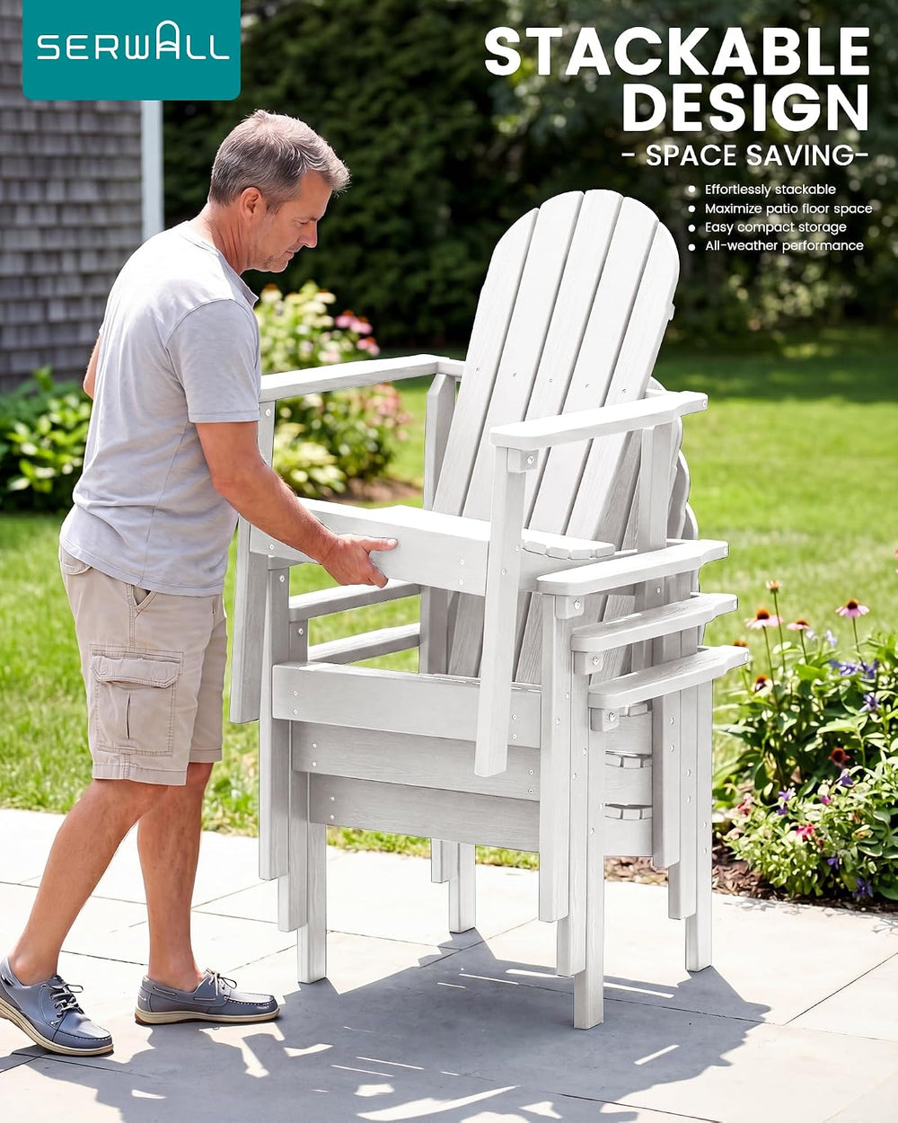 SERWALL HDPE Stackable Adirondack Chairs Set of 4,Space-Saving, White