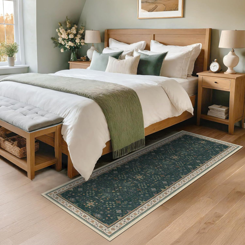Hazo Haus Dark Green 2x6 Kitchen Rug - Modern Vintage Boho Eclectic Floral wi...