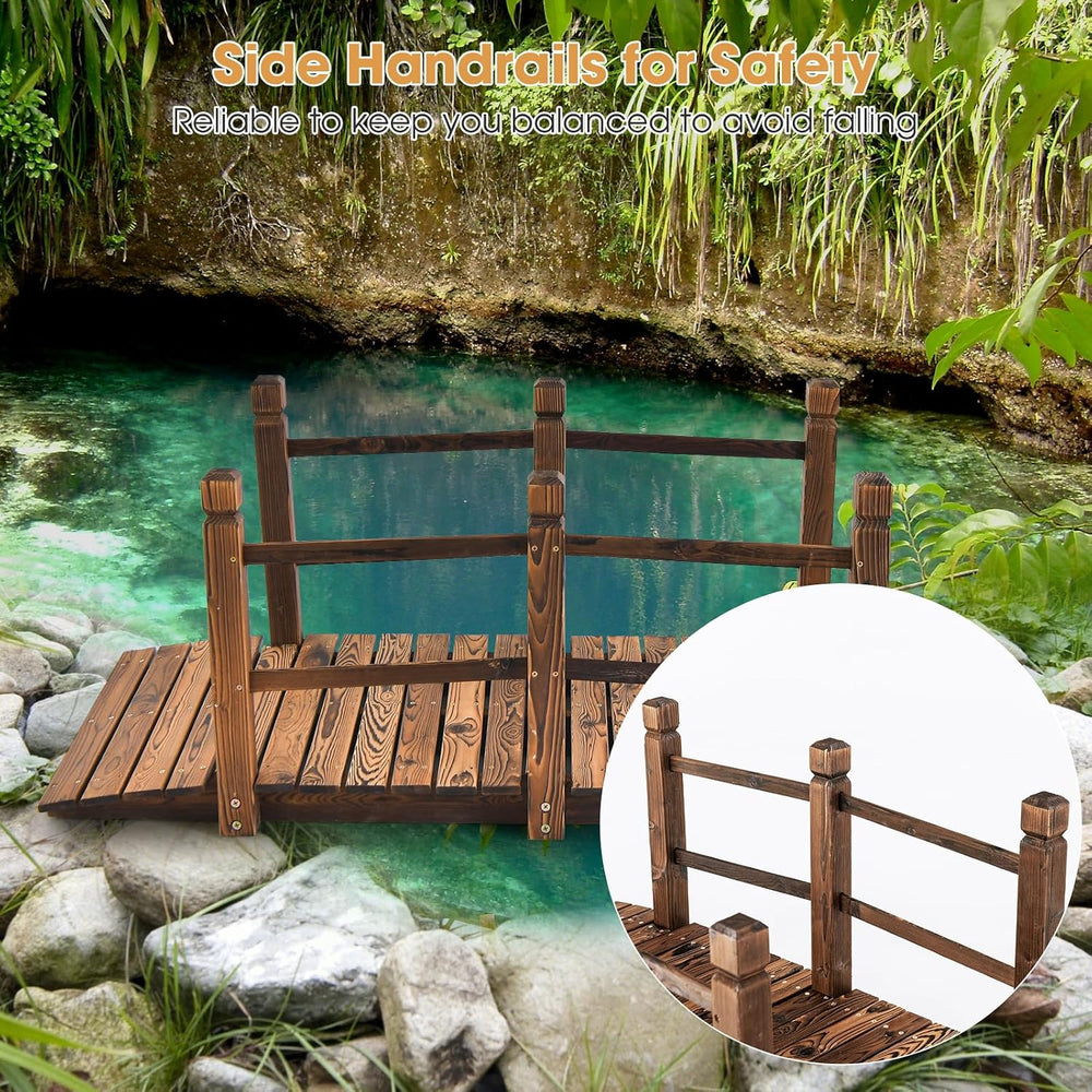 Tangkula 5 FT Wooden Garden Bridge, Arch Stained Finish Footbridge with Doubl...