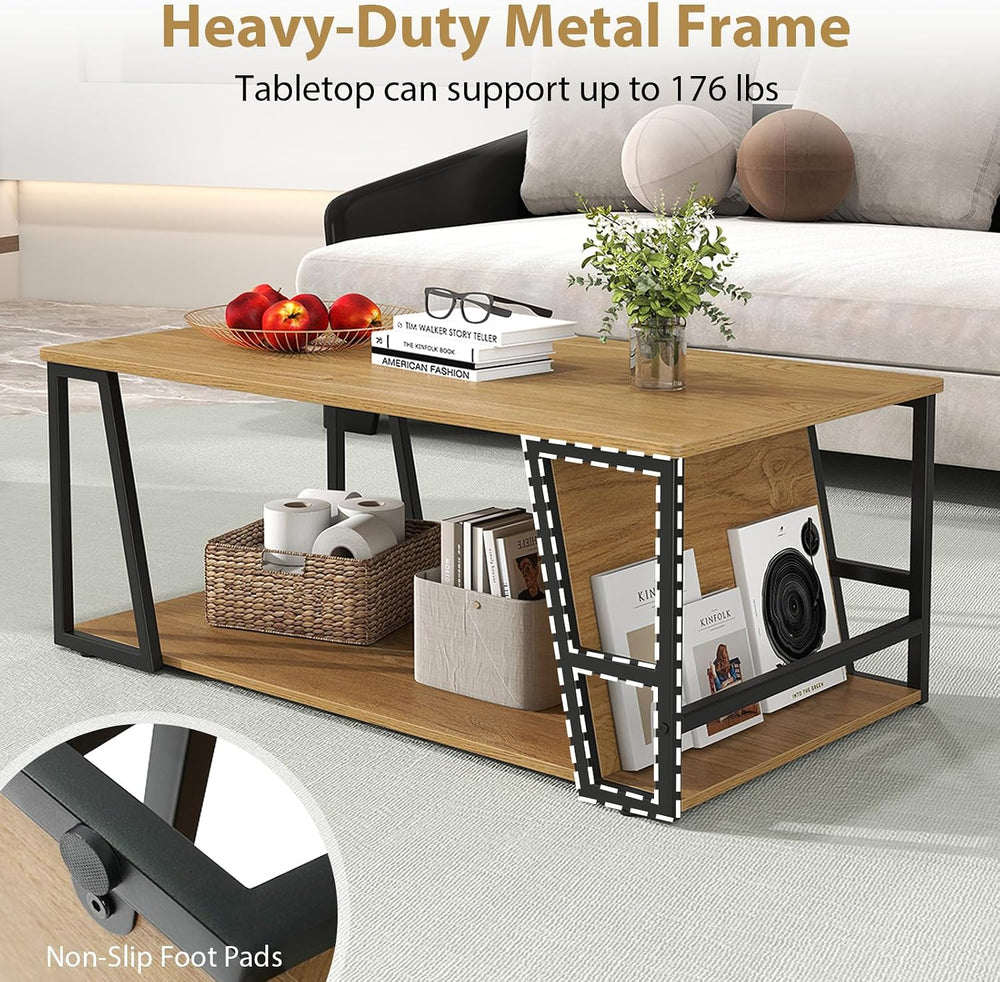 GIANTEX Modern Coffee Table with Storage, 2-Tier Wood Center Table, Oak