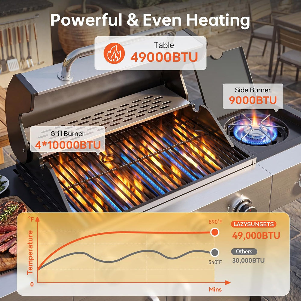 LazySunsets 4-Burner Propane Grill 49,000 BTU Stainless Steel,Silver