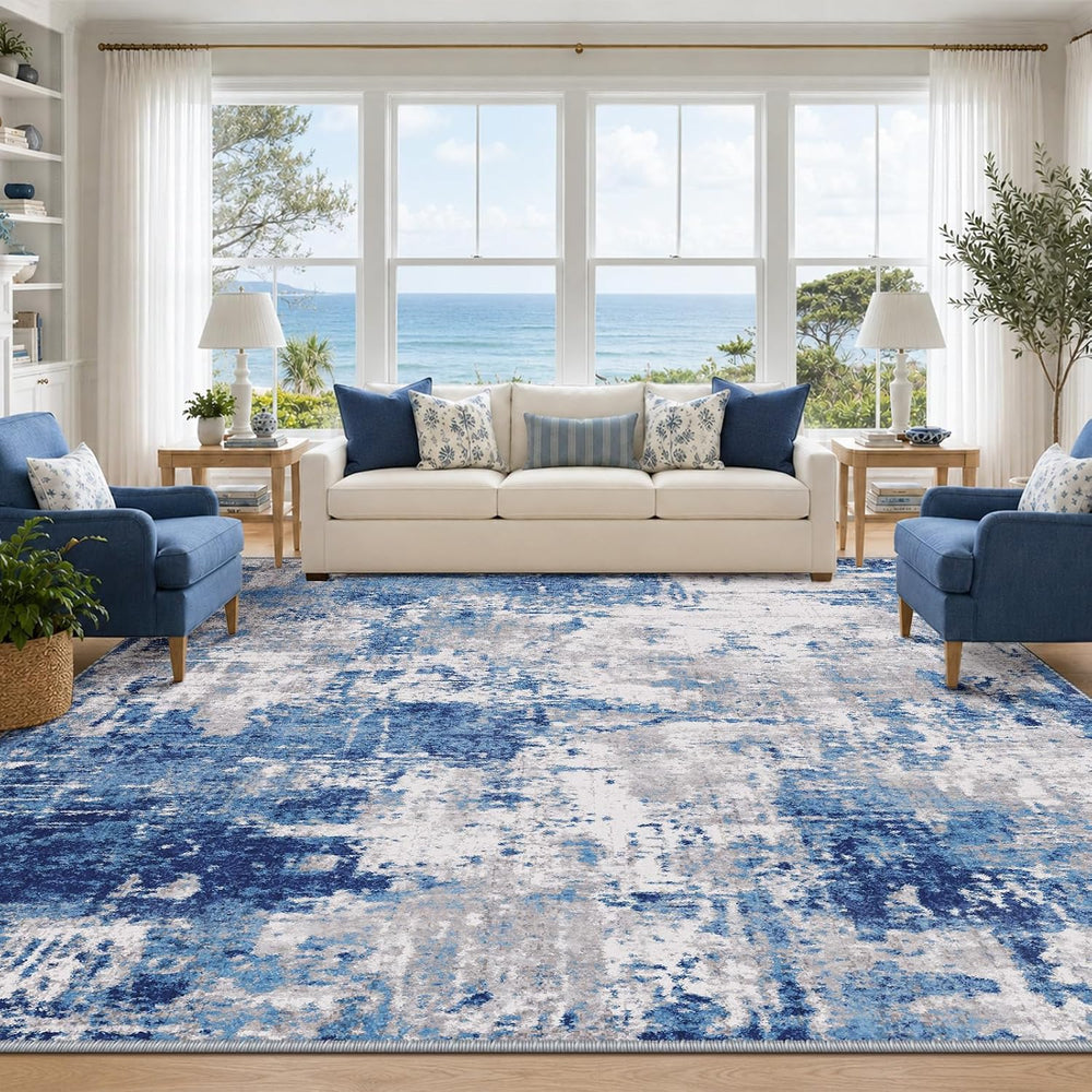 RELEANY Washable 9'x12' Abstract Area Rug for Living Room Blue Gray