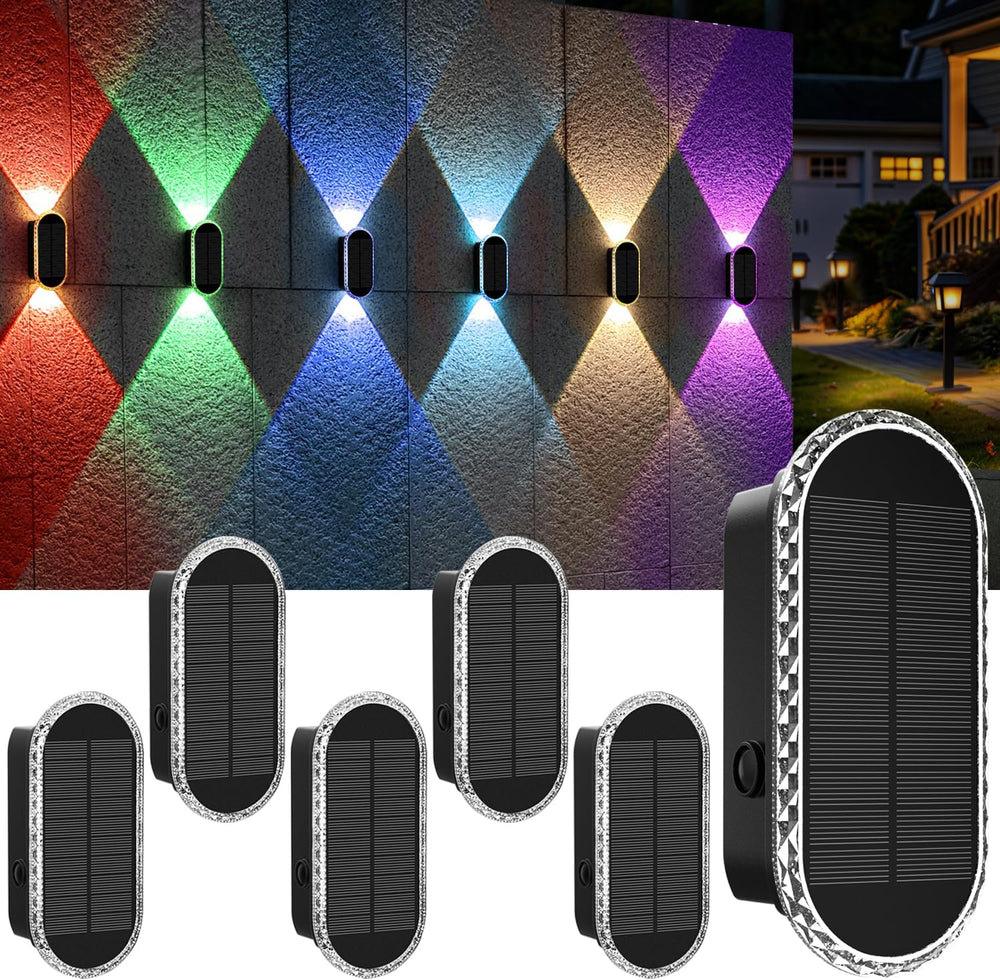 Solar Fence Lights Outdoor, Warm White & RGB 8 Modes Solar Wall Lights Ou...