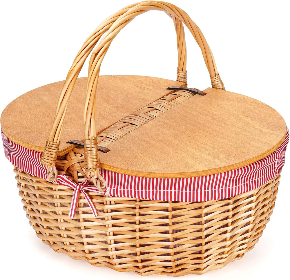 Wicker Picnic Basket with Liner, Wooden Split Lid Picnic Basket, Red
