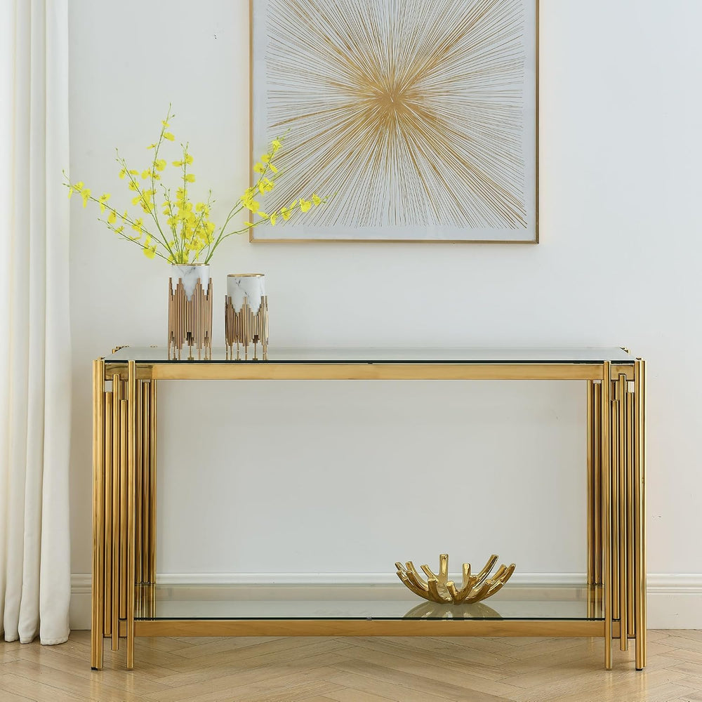Modern Glass Console Table, 55" Gold Sofa Table with Sturdy Metal Frame ...