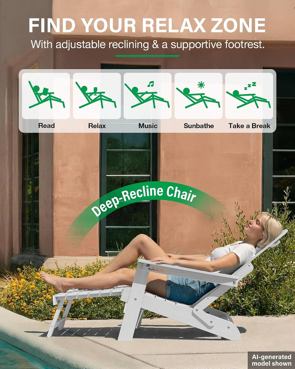 YEFU Adjustable Adirondack Chair with Footrest,All-Weather, Set of 2,White