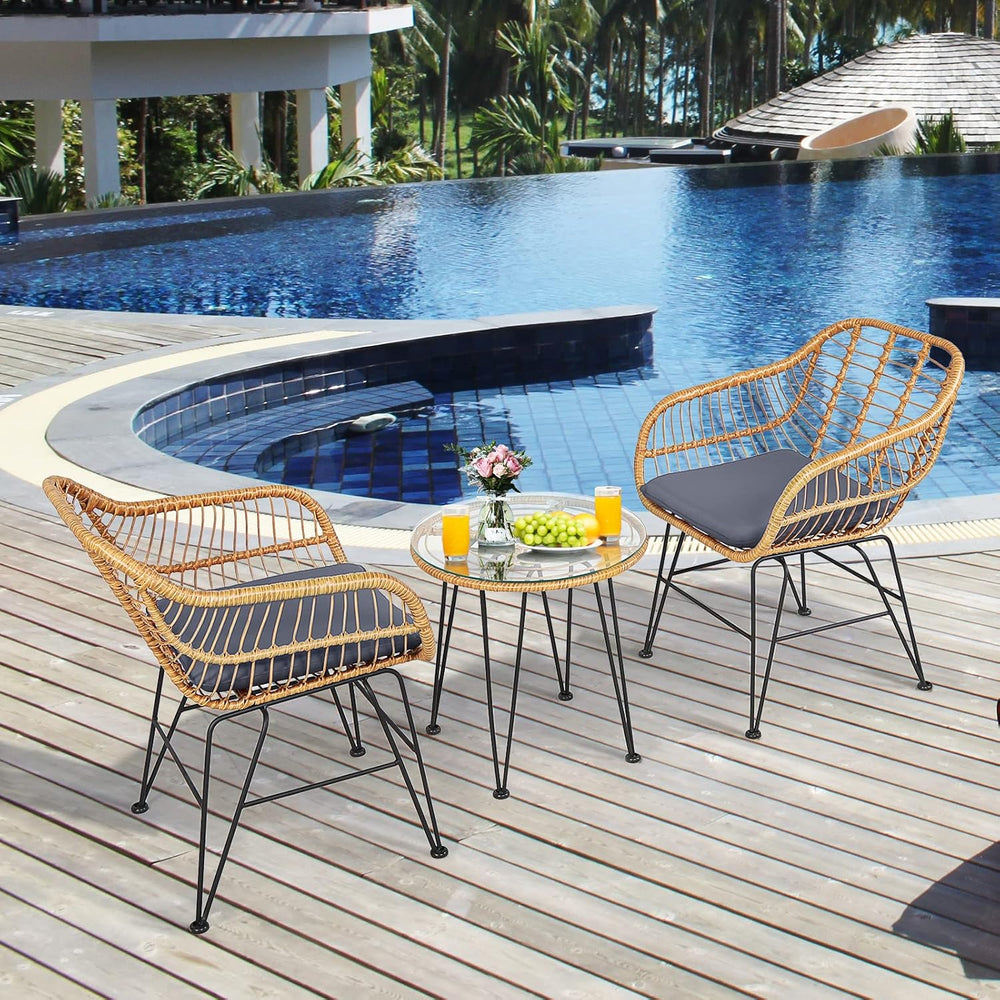 Tangkula 3 Pieces Patio Bistro Set, Rattan Conversation Set with 2 Cushioned ...