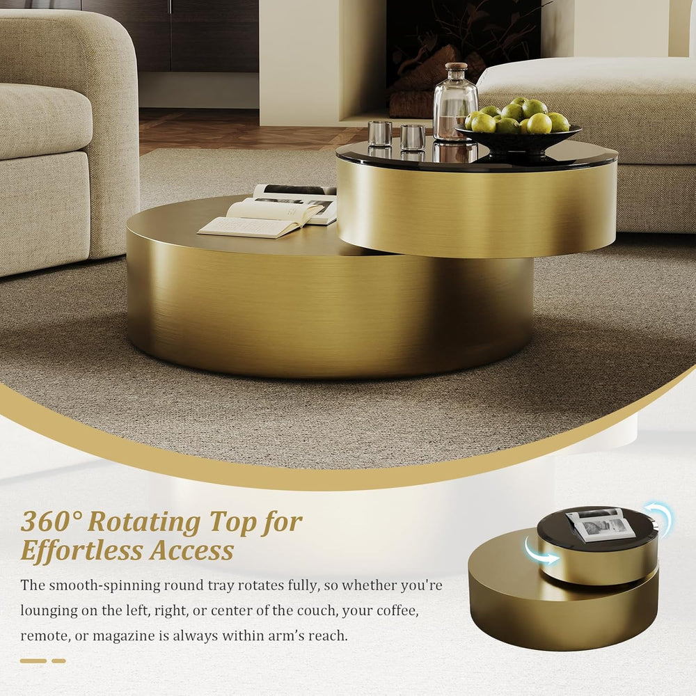 Brass Round Rotatable Top Coffee Table, 2 Tier Circle Coffee Table with 360° ...