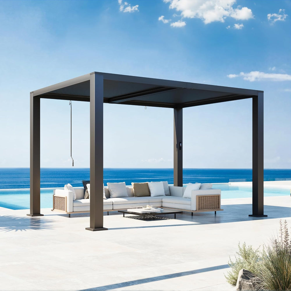 Aoxun Motorized Louvered Pergola 9'x12' with LED Lights & Power O...