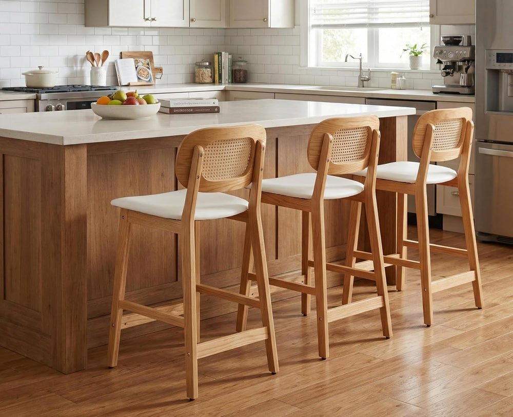 EALSON Rattan Counter Height Bar Stools Set of 3 Modern Farmhouse Barstools w...
