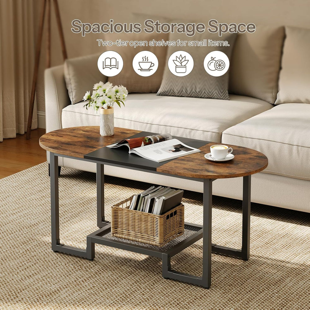 HOOBRO Coffee Table, Oval Small Coffee Table with 2-Tier Storage Shelf, Narro...