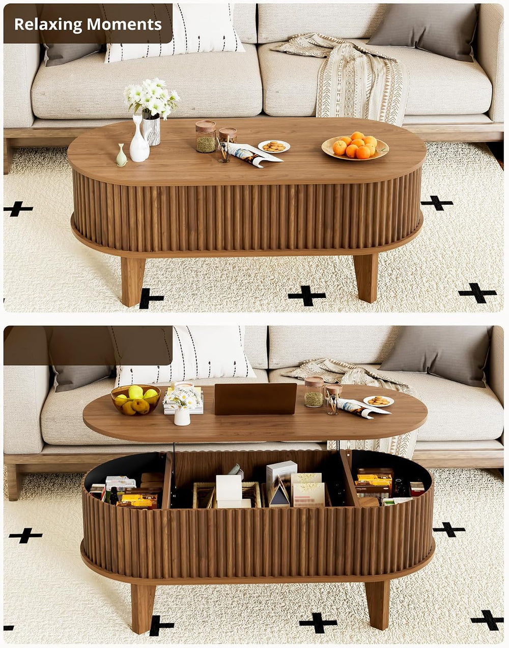 Oval Lift Top Coffee Table with Storage, 41" Wood Fluted Modern Living R...