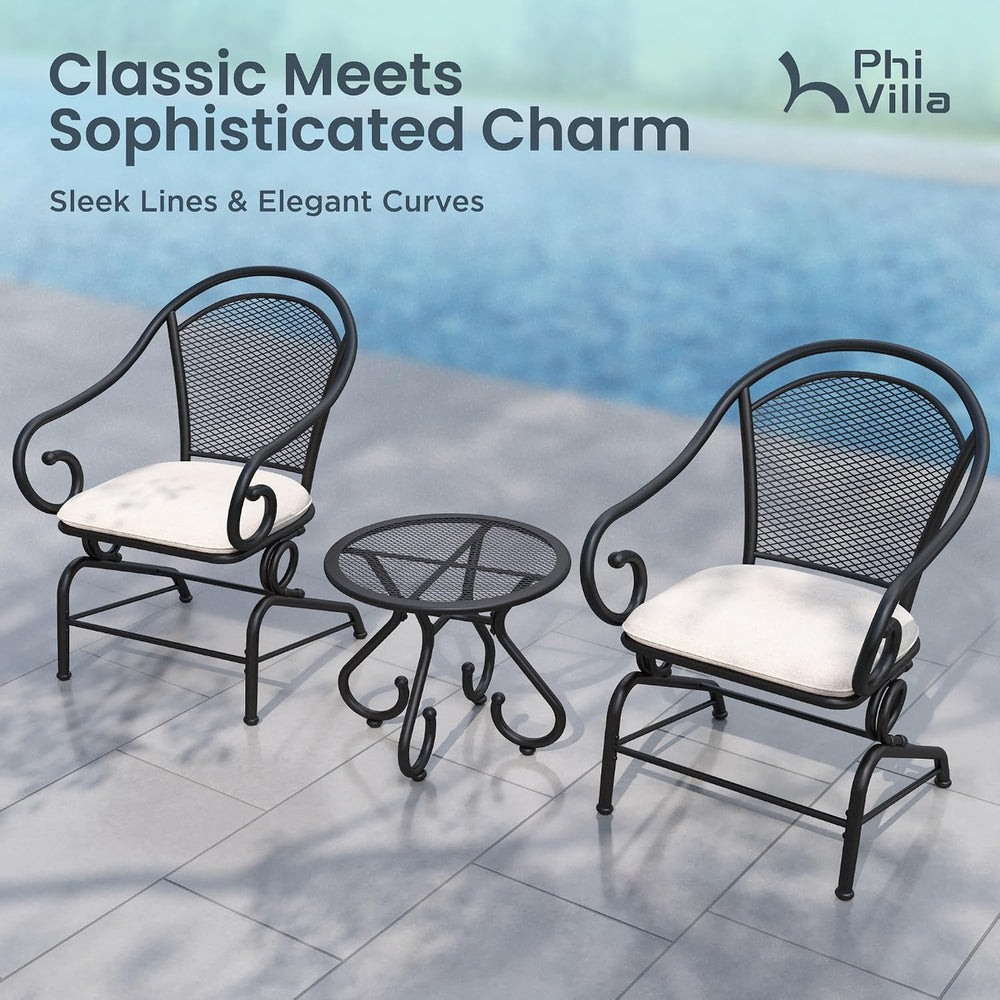 PHI VILLA 3pc Metal Mesh Outdoor Bistro Set, Rocking Chairs & Coffee Table